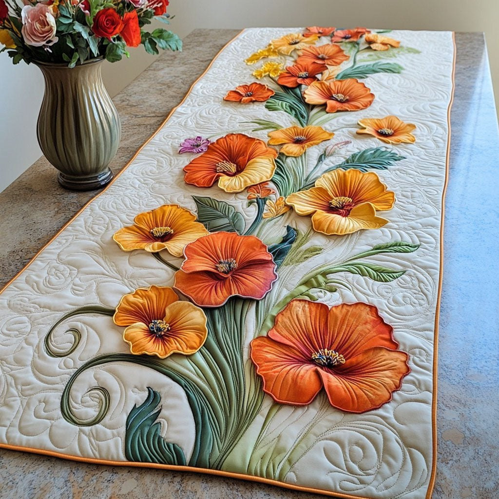 Orange Poppies on Cream Table Runner - Made to Order TABLE928