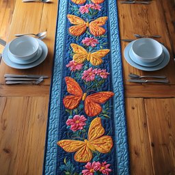 Orange Butterflies on Blue Border Table Runner - Made to Order TABLE928