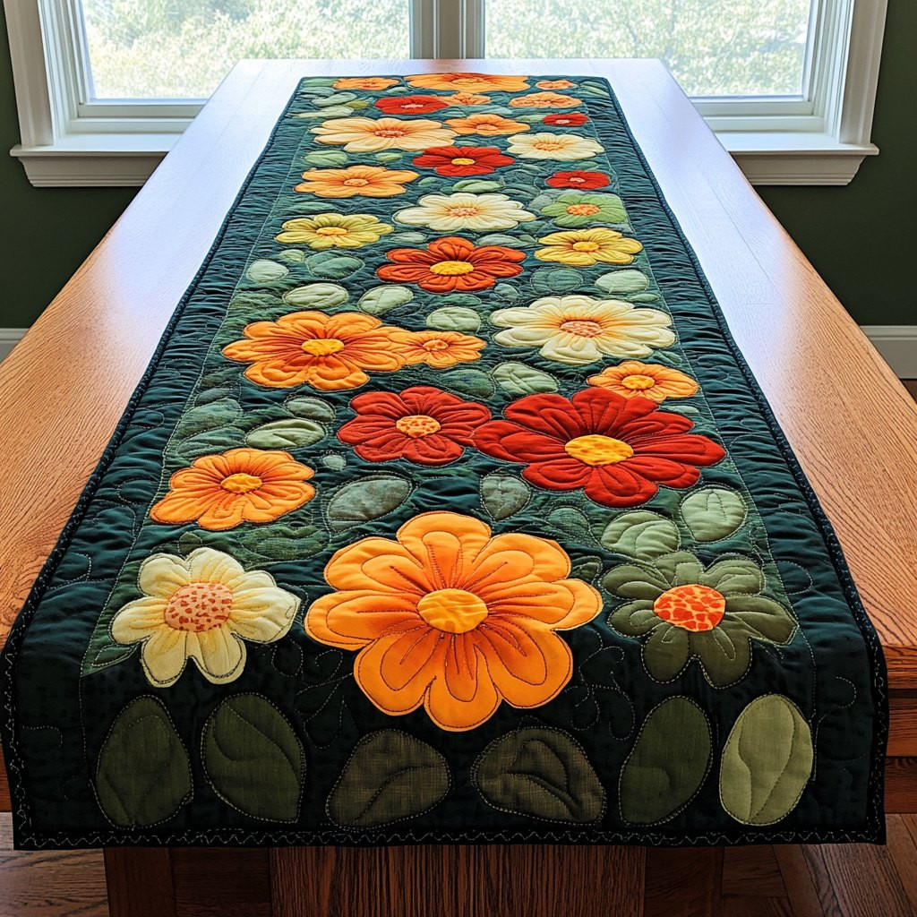 Orange Blossoms on Dark Green Table Runner - Made to Order TABLE928