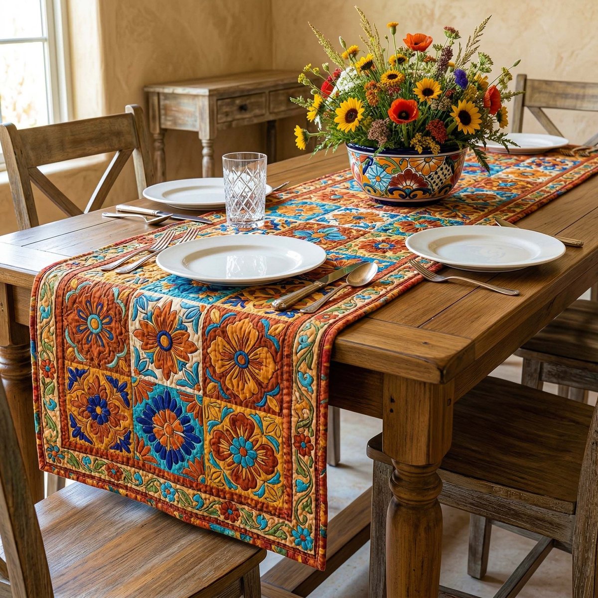 Orange Floral Medallion Tiles Table Runner - Made to Order TABLE928