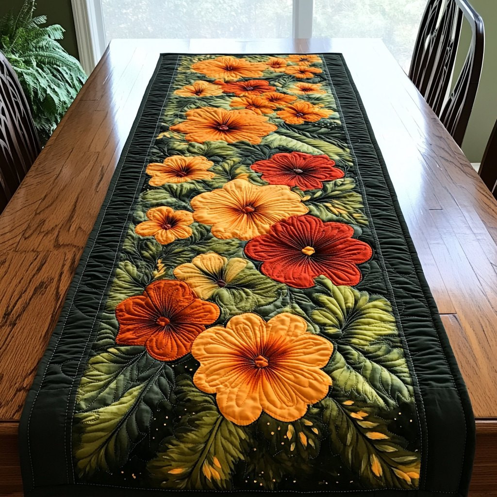 Orange Flowers on Dark Green Table Runner - Made to Order TABLE928