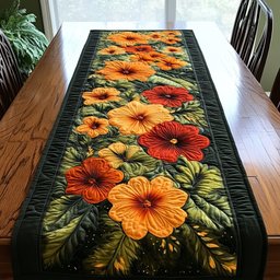 Orange Flowers on Dark Green Table Runner - Made to Order TABLE928