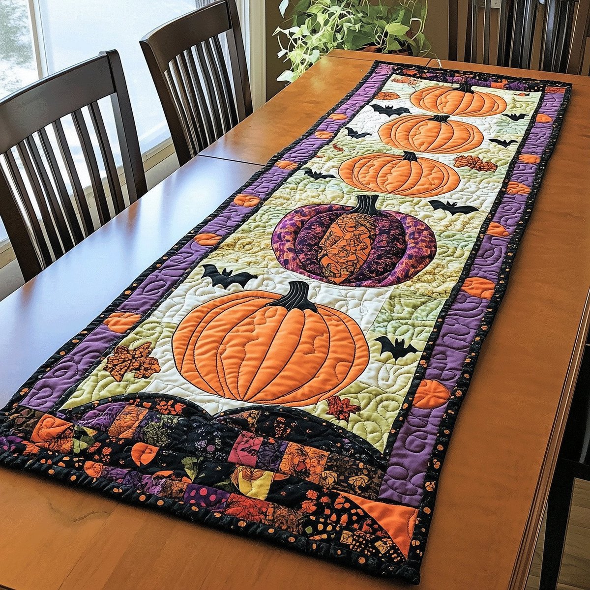 Orange Pumpkin with Bats and Purple Border Table Runner - Made to Order TABLE928