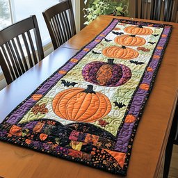 Orange Pumpkin with Bats and Purple Border Table Runner - Made to Order TABLE928