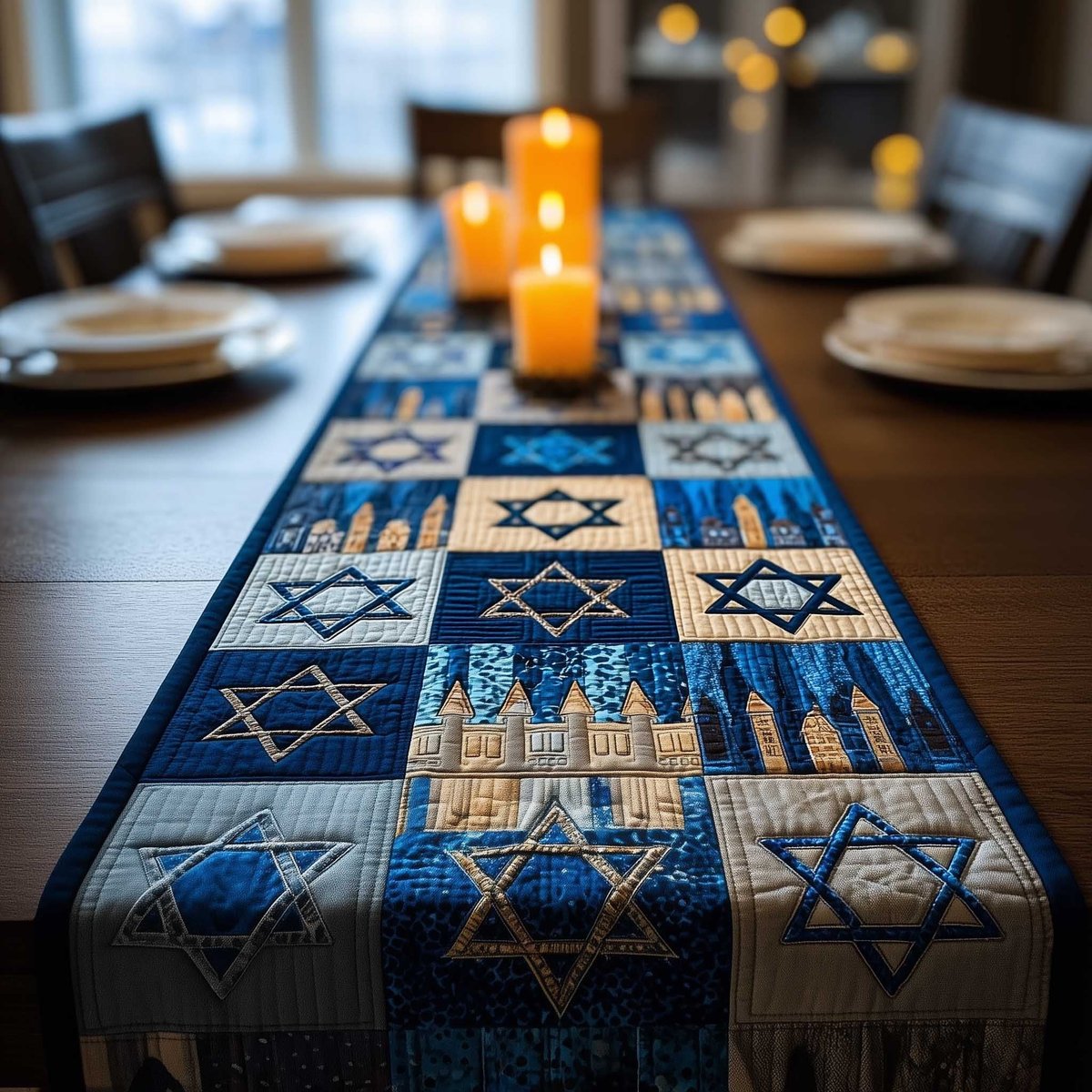 Navy Star Blocks with City Skyline Table Runner - Made to Order TABLE928