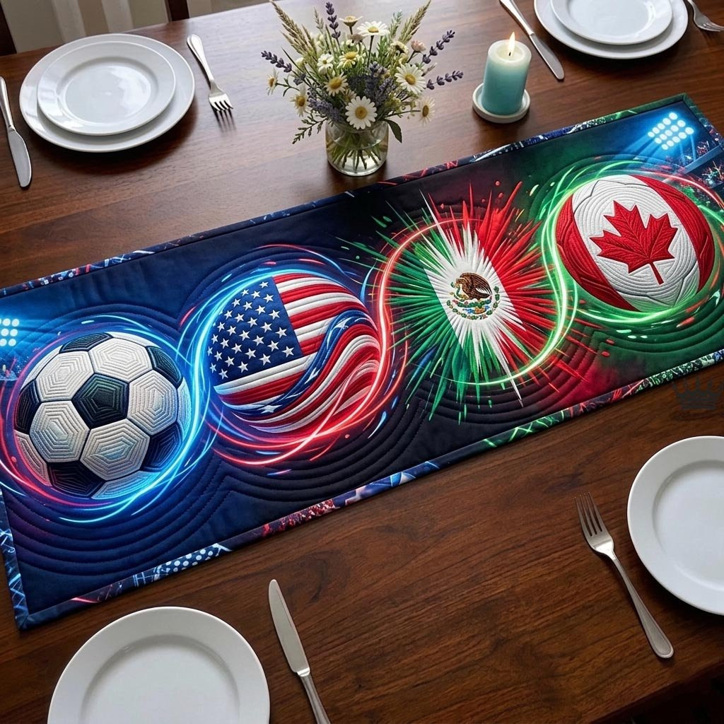 Neon Soccer Balls with Glowing Flags Table Runner - Made to Order TABLE928