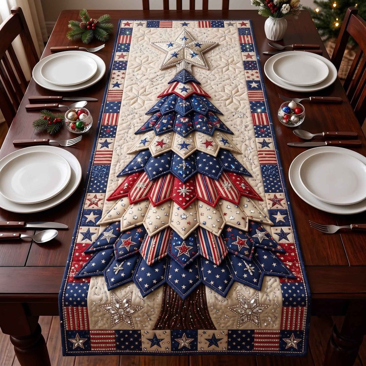 Navy Patchwork Patriotic Tree Table Runner - Made to Order TABLE928