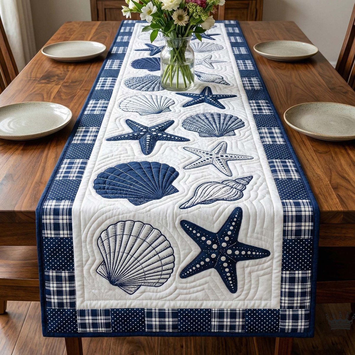 Navy Shells on White and Plaid Table Runner - Made to Order TABLE928