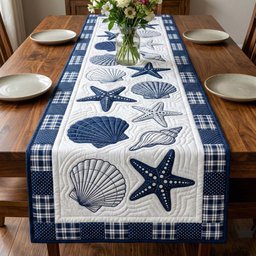 Navy Shells on White and Plaid Table Runner - Made to Order TABLE928