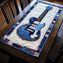 Navy Guitar on Indigo Paisley Border Table Runner - Made to Order TABLE928