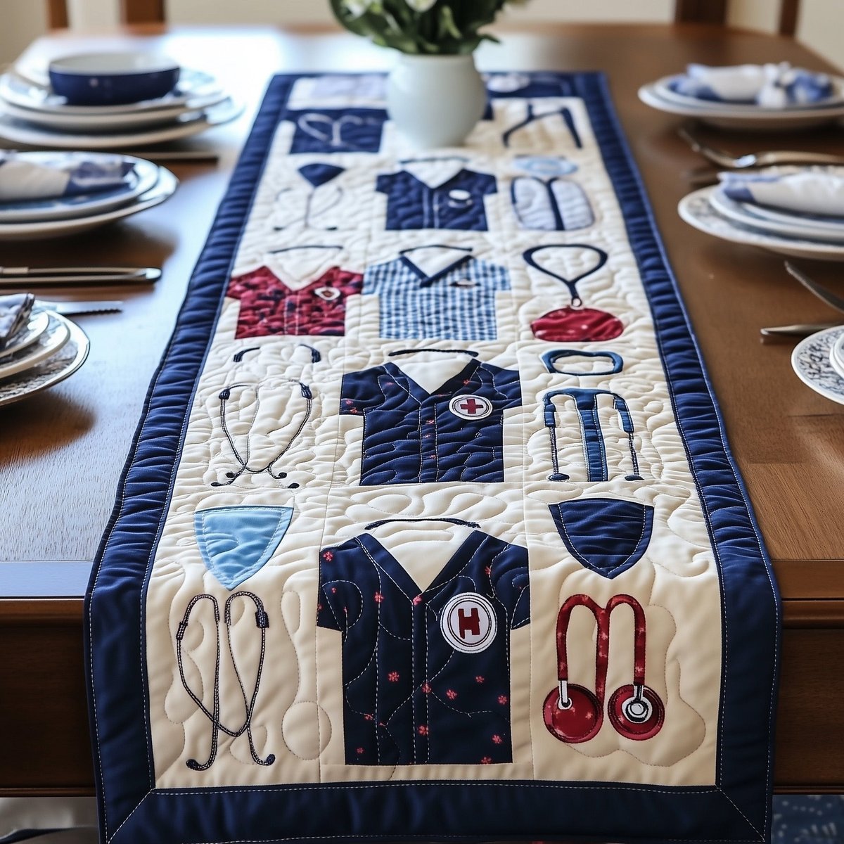 Nurse Uniforms and Stethoscope Rows Table Runner - Made to Order TABLE928