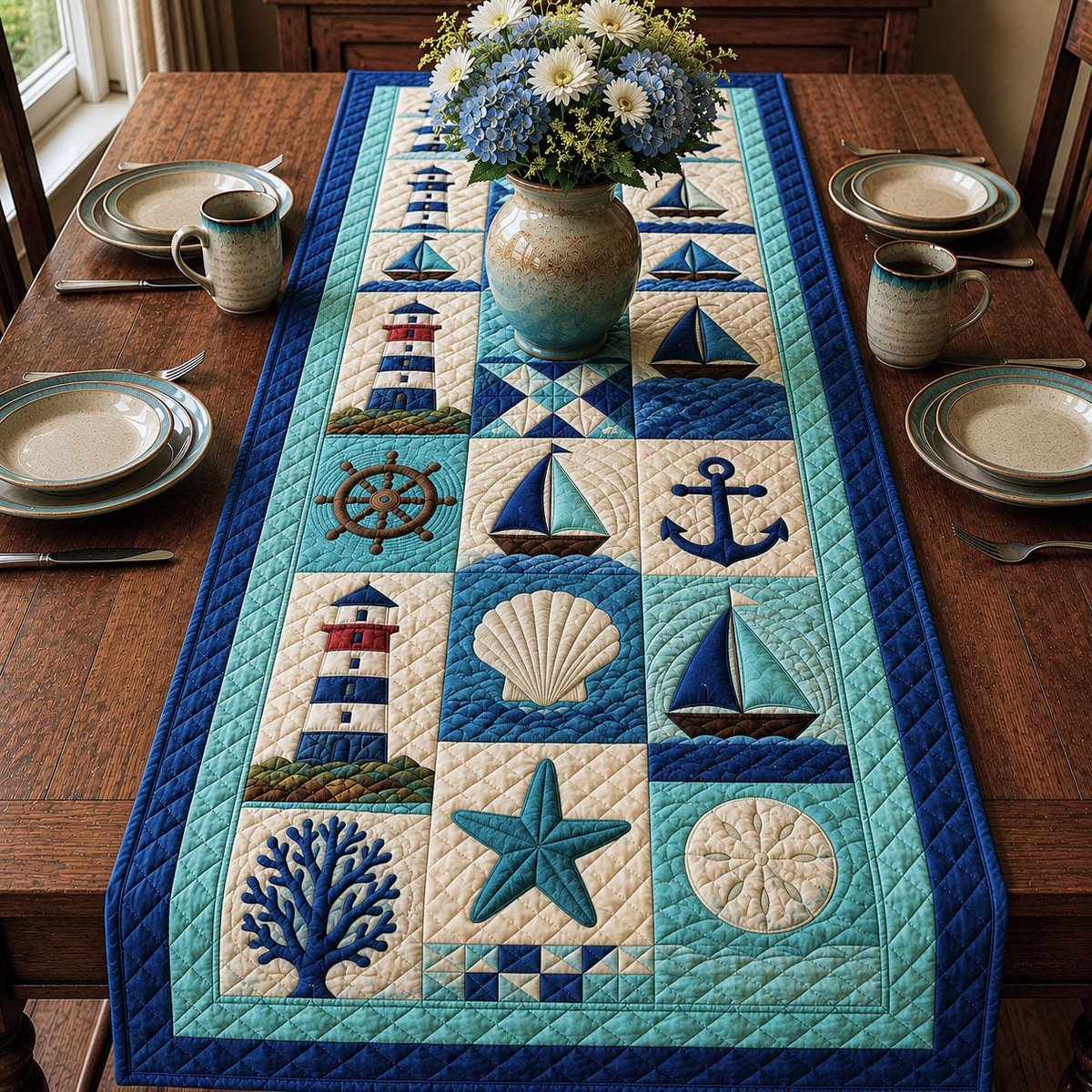 Navy Nautical Blocks with Lighthouse Table Runner - Made to Order TABLE928