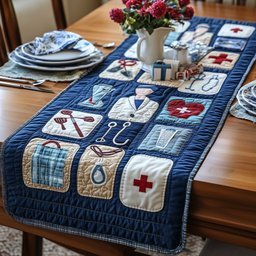 Nurse Supplies in Blue Squares Table Runner - Made to Order TABLE928