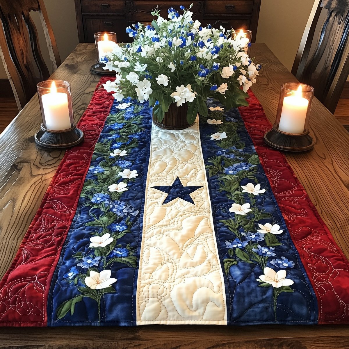 Navy Star Among White Blossoms Table Runner - Made to Order TABLE928