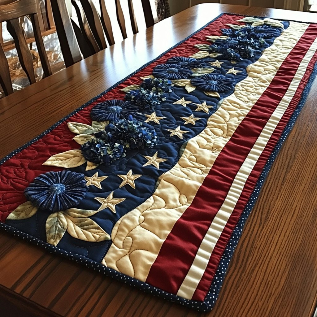 Navy Stars with Cream Flowers Table Runner - Made to Order TABLE928