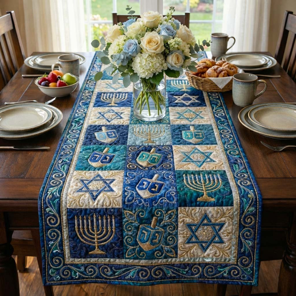Menorah and Dreidel Blue Squares Table Runner - Made to Order TABLE928