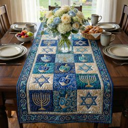 Menorah and Dreidel Blue Squares Table Runner - Made to Order TABLE928