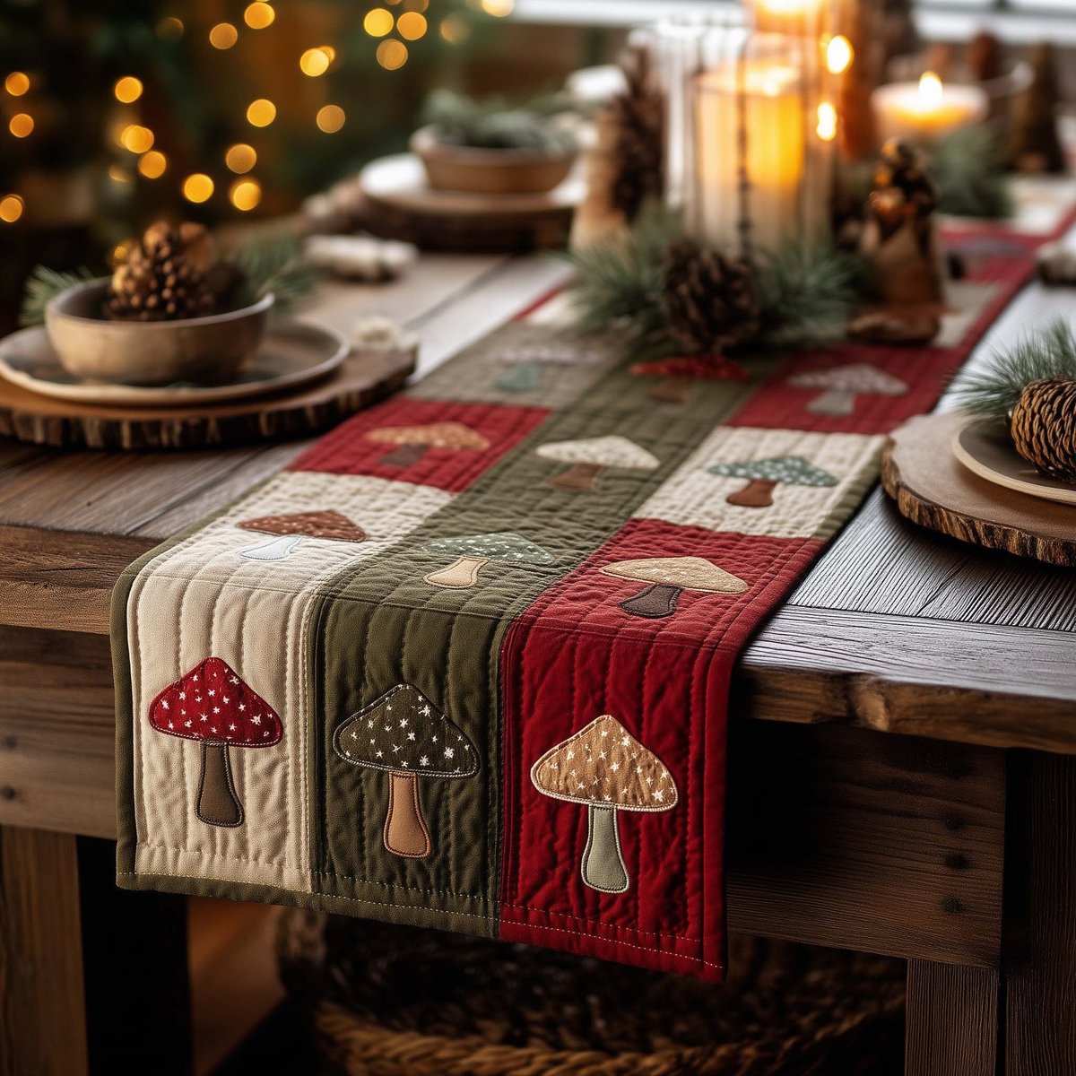 Mushrooms on Cream Patchwork Strip Table Runner - Made to Order TABLE928
