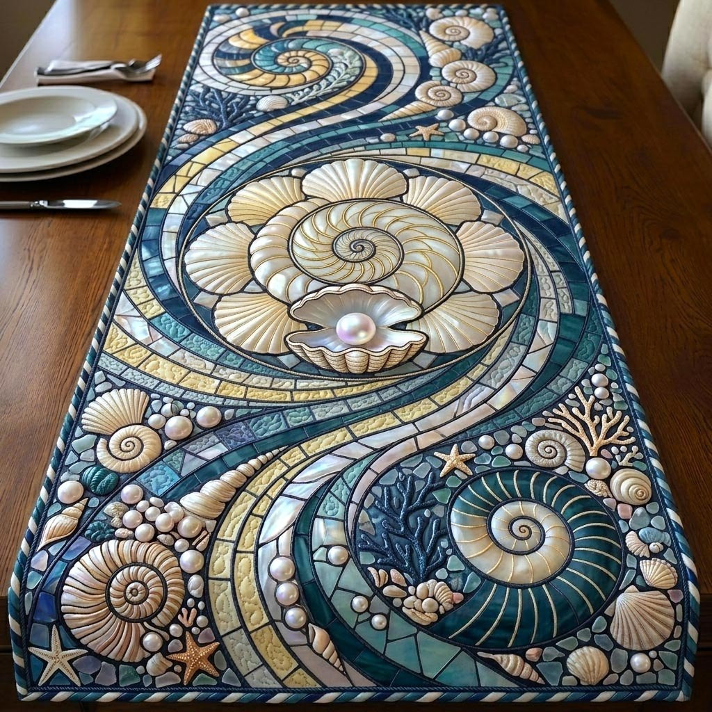 Nautilus Spiral with Shells on Blue Table Runner - Made to Order TABLE928