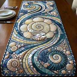 Nautilus Spiral with Shells on Blue Table Runner - Made to Order TABLE928