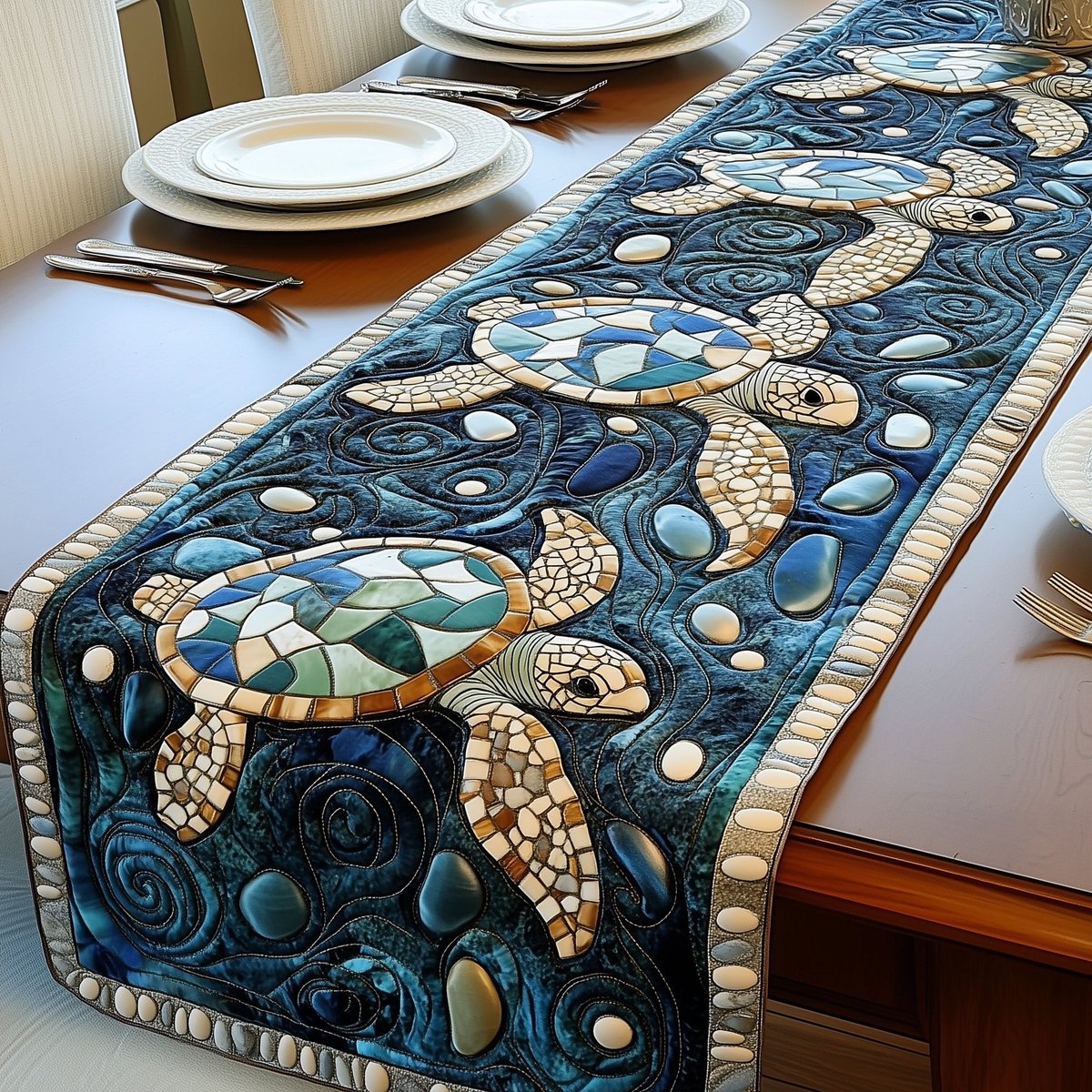 Mosaic Sea Turtles on Blue Table Runner - Made to Order TABLE928