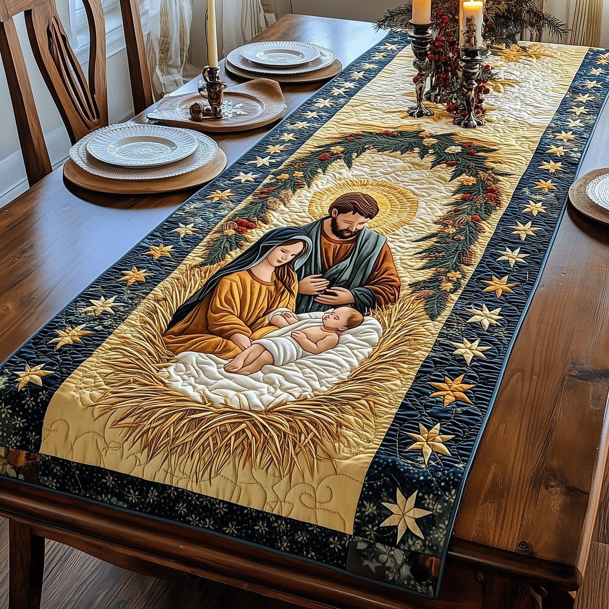 Nativity on Gold with Stars Table Runner - Made to Order TABLE928