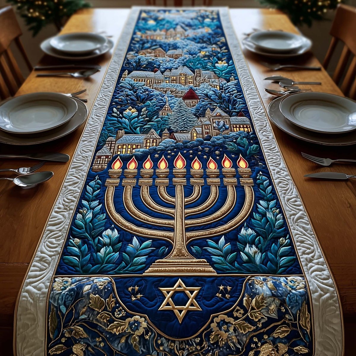 Menorah with Star and Hillside Town Table Runner - Made to Order TABLE928