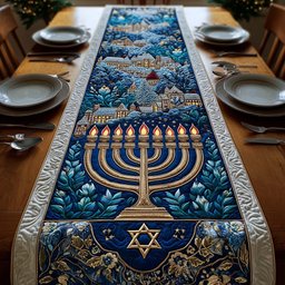 Menorah with Star and Hillside Town Table Runner - Made to Order TABLE928