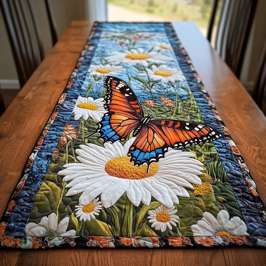 Monarch Butterfly on White Daisy Table Runner - Made to Order TABLE928