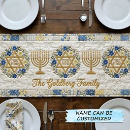 Menorahs and Stars with Family Name Table Runner - Made to Order TABLE928