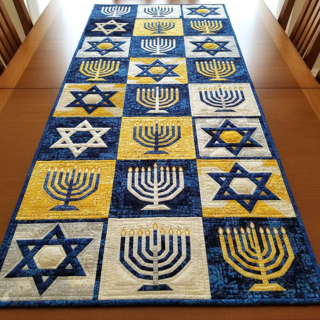 Menorah and Star Squares in Blue Table Runner - Made to Order TABLE928