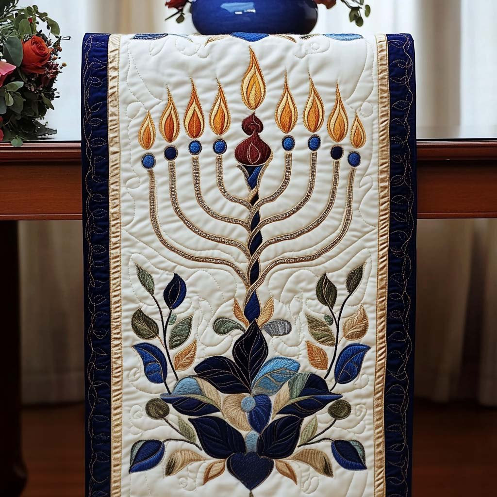 Menorah with Folk Art Leaves Table Runner - Made to Order TABLE928