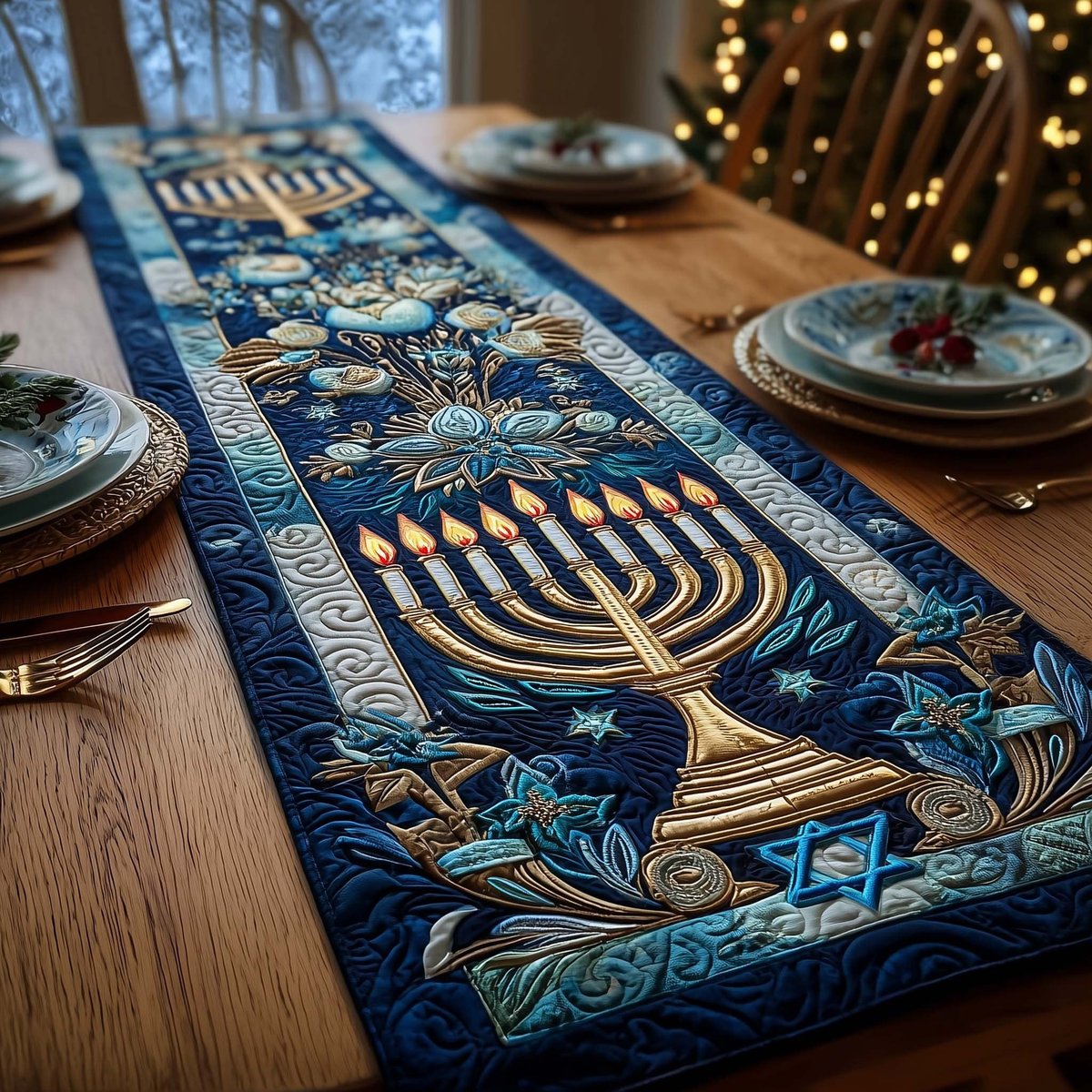 Menorah with Blue Foliage Border Table Runner - Made to Order TABLE928