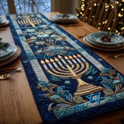 Menorah with Blue Foliage Border Table Runner - Made to Order TABLE928