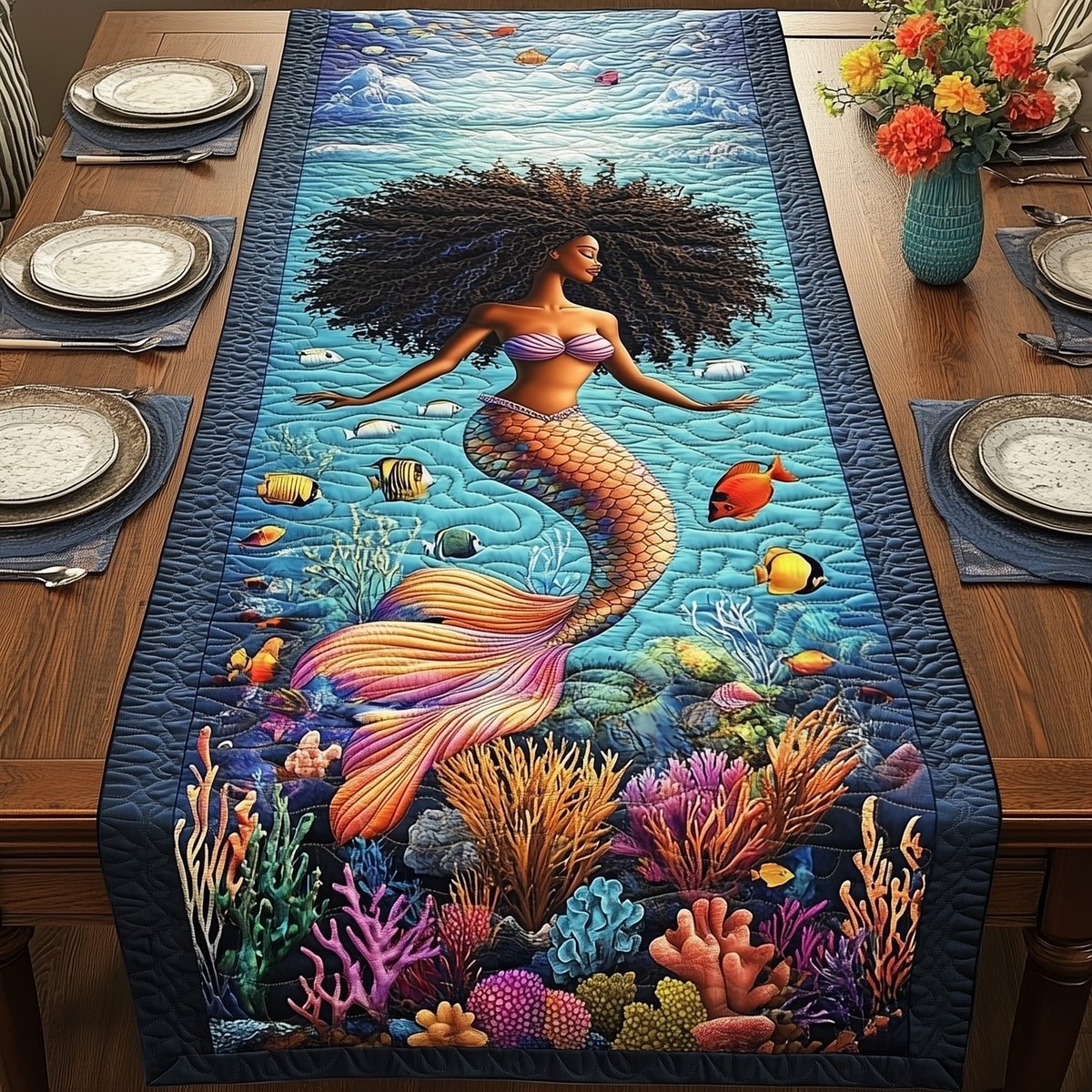 Mermaid with Curly Hair and Coral Table Runner - Made to Order TABLE928