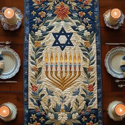 Menorah with Star of David Table Runner - Made to Order TABLE928