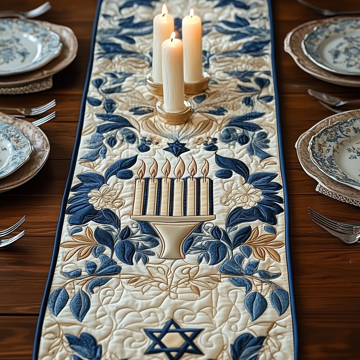 Menorah with Blue Leaf Border Table Runner - Made to Order TABLE928