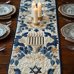 Menorah with Blue Leaf Border Table Runner - Made to Order TABLE928