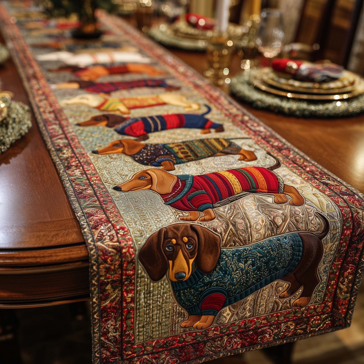 Merry Dachshund Charm Dachshunds in Knitted Sweaters Table Runner - Made to Order TABLE928