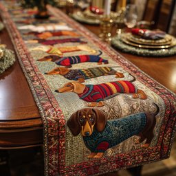 Merry Dachshund Charm Dachshunds in Knitted Sweaters Table Runner - Made to Order TABLE928
