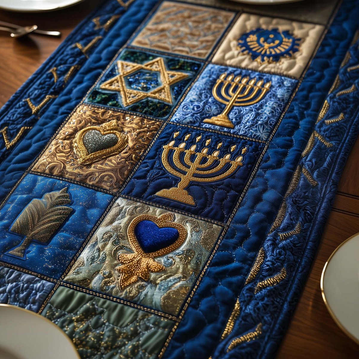 Menorah and Heart Blocks in Blue Table Runner - Made to Order TABLE928