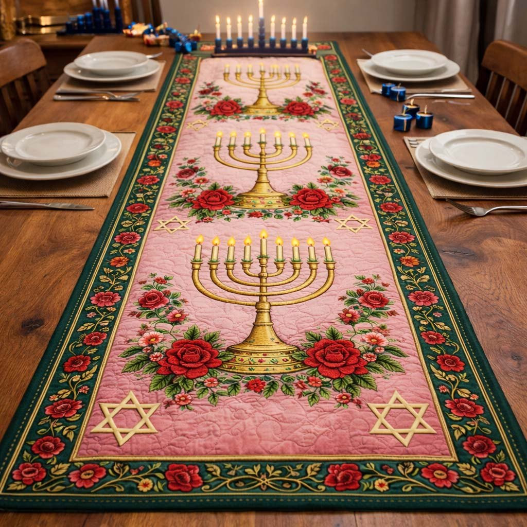 Menorah Rose Blessing Table Runner - Made to Order TABLE928