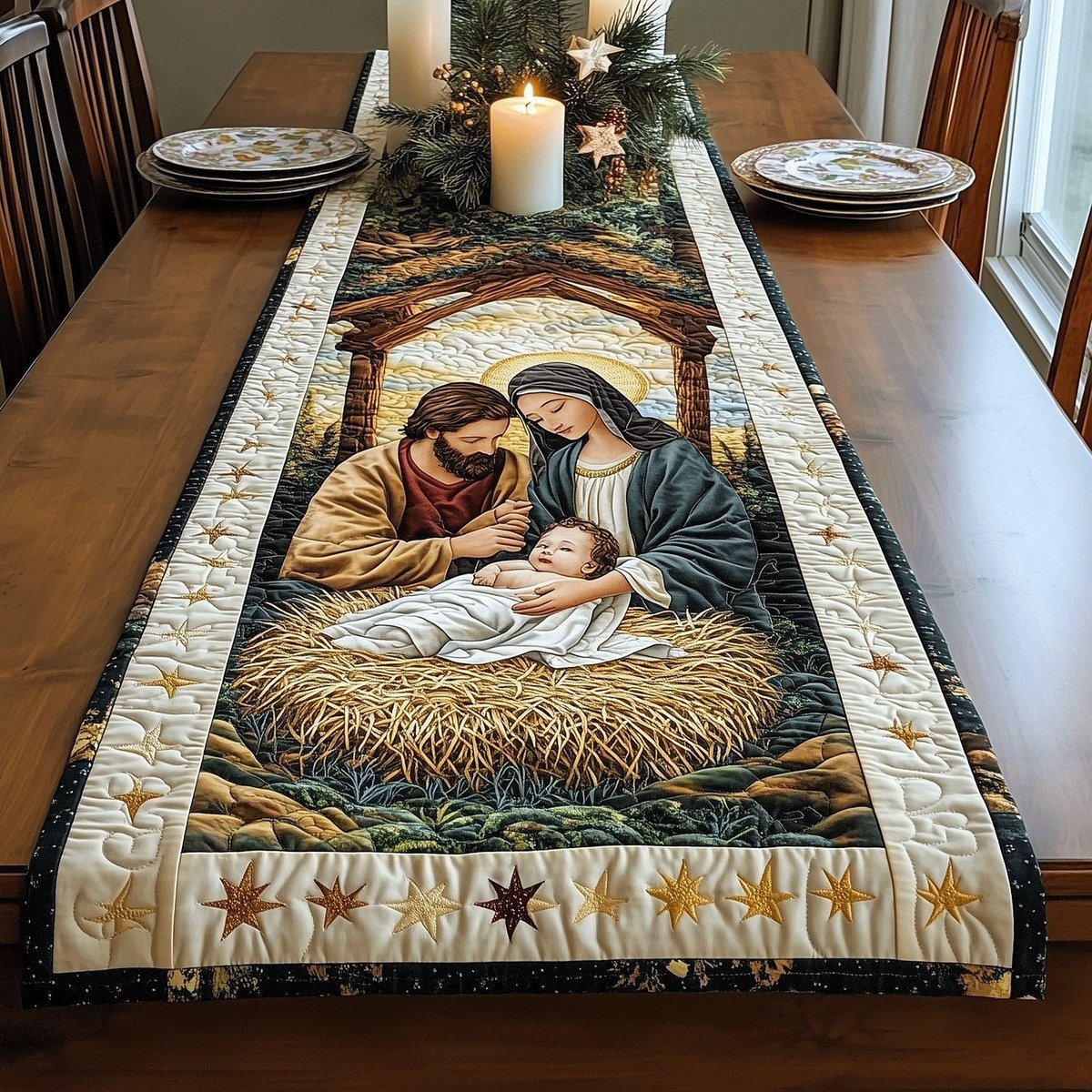 Nativity in the Stable on Cream Table Runner - Made to Order TABLE928