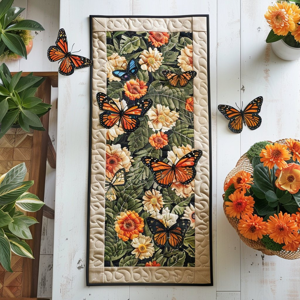 Monarchs with Orange Blossoms on Green Table Runner - Made to Order TABLE928