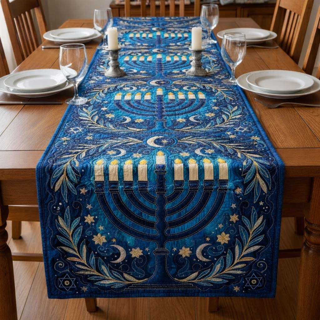 Menorah on Royal Blue with Moon Table Runner - Made to Order TABLE928