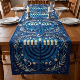 Menorah on Royal Blue with Moon Table Runner - Made to Order TABLE928