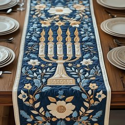 Menorah on Navy Floral Panel Table Runner - Made to Order TABLE928