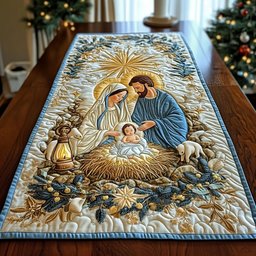 Nativity in Gold and Blue Table Runner - Made to Order TABLE928