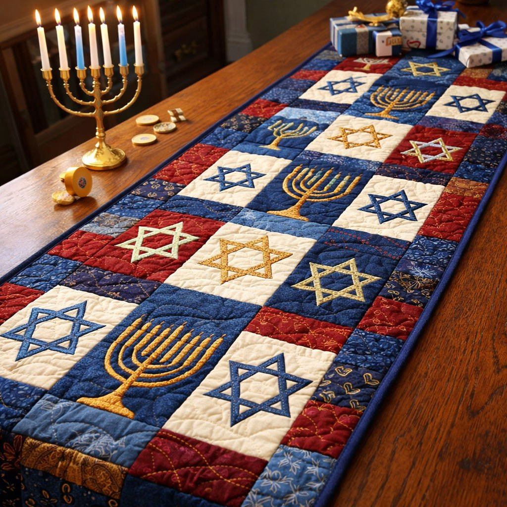 Menorah and Star Patchwork Squares Table Runner - Made to Order TABLE928