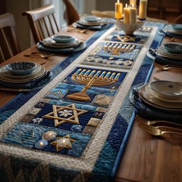 Menorah with Stars and Dreidel Blocks Table Runner - Made to Order TABLE928